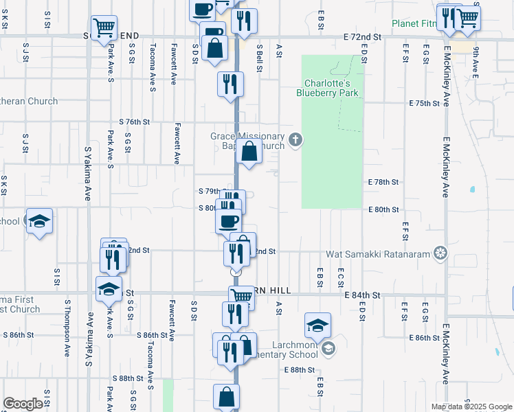 map of restaurants, bars, coffee shops, grocery stores, and more near 8015 Pacific Avenue in Tacoma