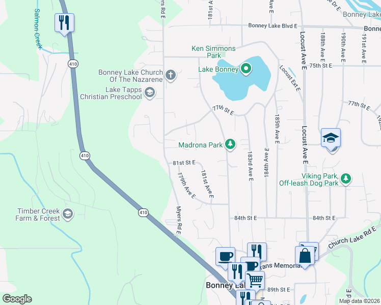 map of restaurants, bars, coffee shops, grocery stores, and more near 17905 81st Street East in Bonney Lake