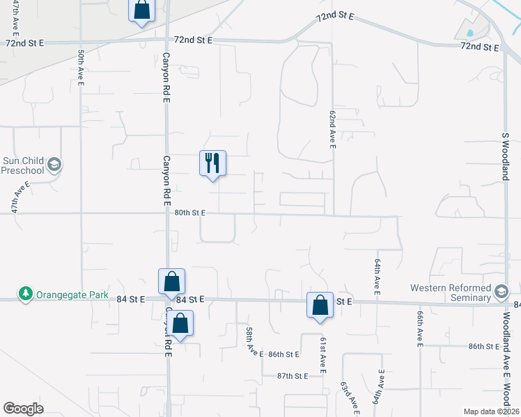 map of restaurants, bars, coffee shops, grocery stores, and more near 5814 80th Street East in Puyallup
