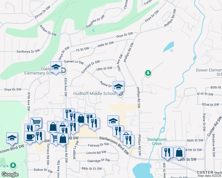 map of restaurants, bars, coffee shops, grocery stores, and more near 8102 Phillips Road Southwest in Lakewood