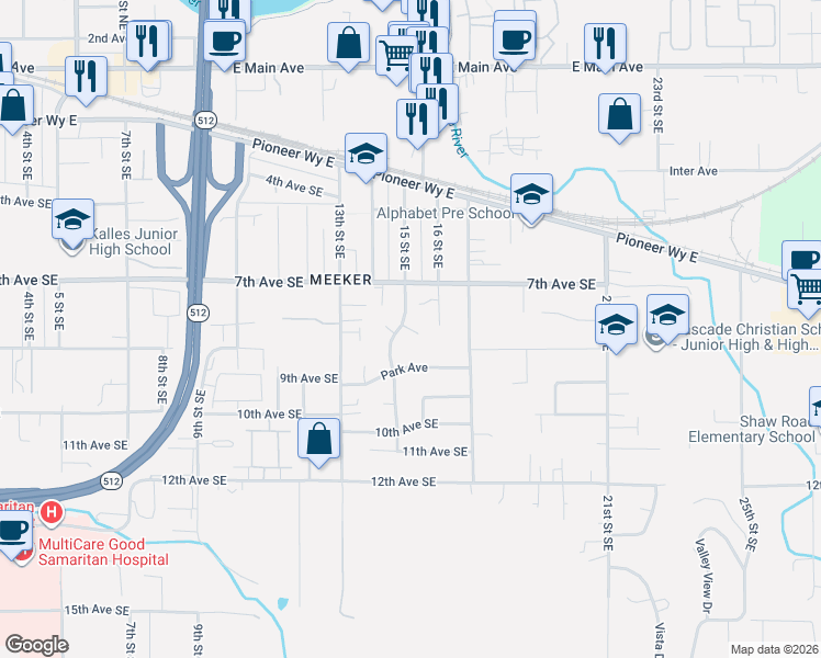 map of restaurants, bars, coffee shops, grocery stores, and more near 8th Avenue Court Southeast in Puyallup