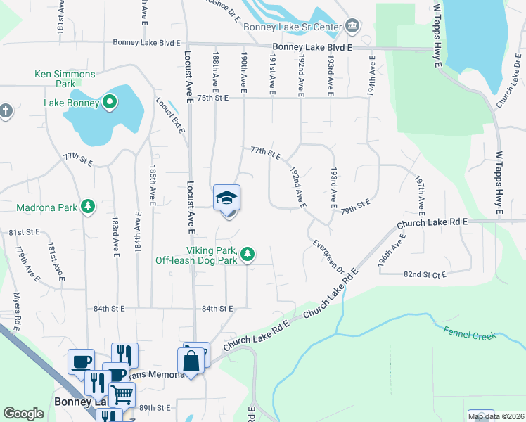 map of restaurants, bars, coffee shops, grocery stores, and more near 7715 191st Avenue East in Bonney Lake