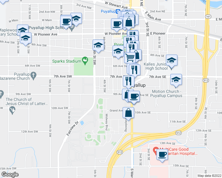 map of restaurants, bars, coffee shops, grocery stores, and more near 810 3rd Street Southwest in Puyallup