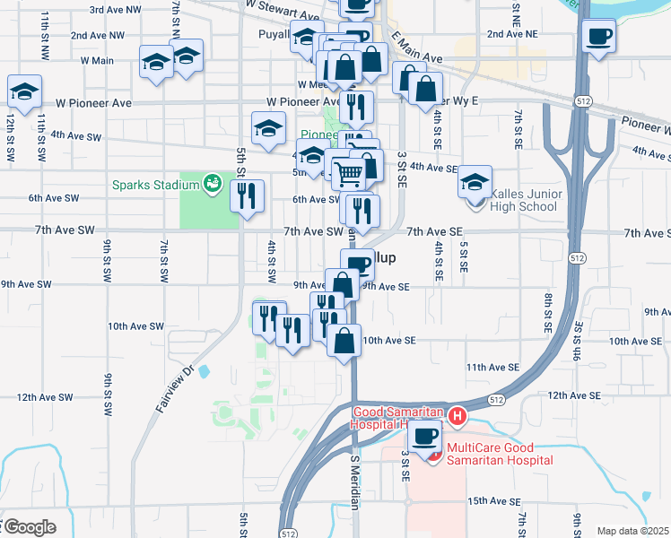 map of restaurants, bars, coffee shops, grocery stores, and more near 722 2nd Street Southwest in Puyallup