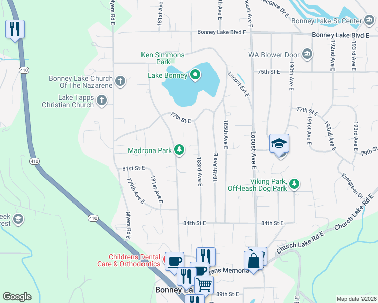 map of restaurants, bars, coffee shops, grocery stores, and more near 7731 183rd Avenue East in Bonney Lake