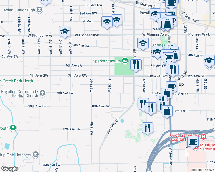 map of restaurants, bars, coffee shops, grocery stores, and more near 717 7th Street Southwest in Puyallup