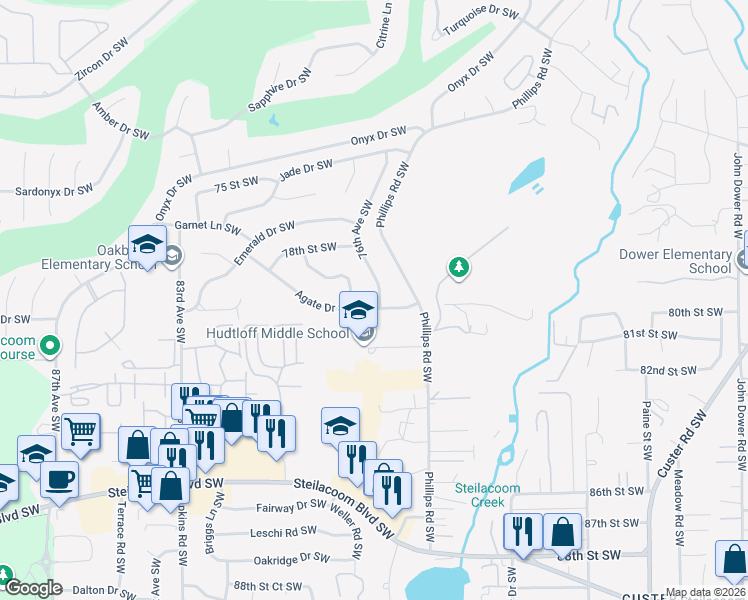 map of restaurants, bars, coffee shops, grocery stores, and more near 7824 76th Avenue Southwest in Lakewood