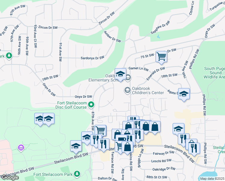 map of restaurants, bars, coffee shops, grocery stores, and more near 8652 Onyx Drive Southwest in Tacoma