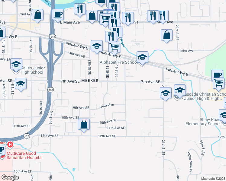 map of restaurants, bars, coffee shops, grocery stores, and more near 7002 16th Street Southeast in Puyallup