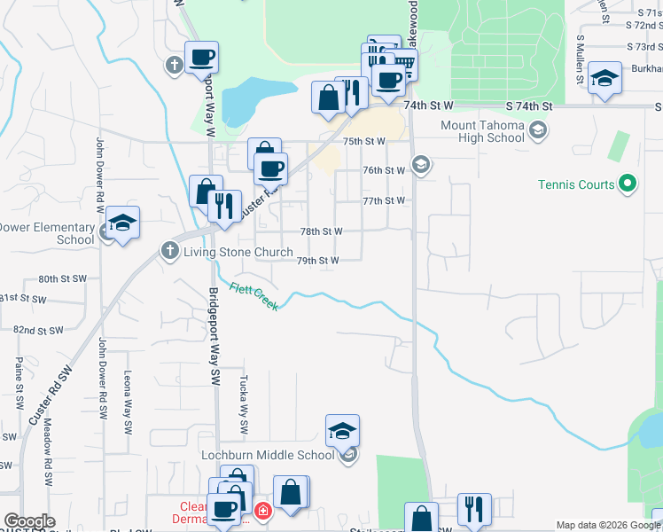 map of restaurants, bars, coffee shops, grocery stores, and more near 6610 79th Street West in Lakewood