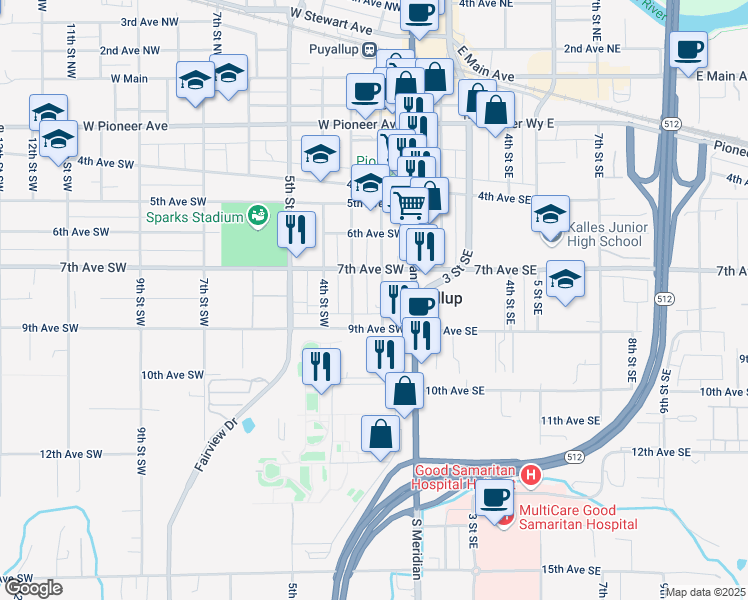 map of restaurants, bars, coffee shops, grocery stores, and more near 722 2nd Street Southwest in Puyallup