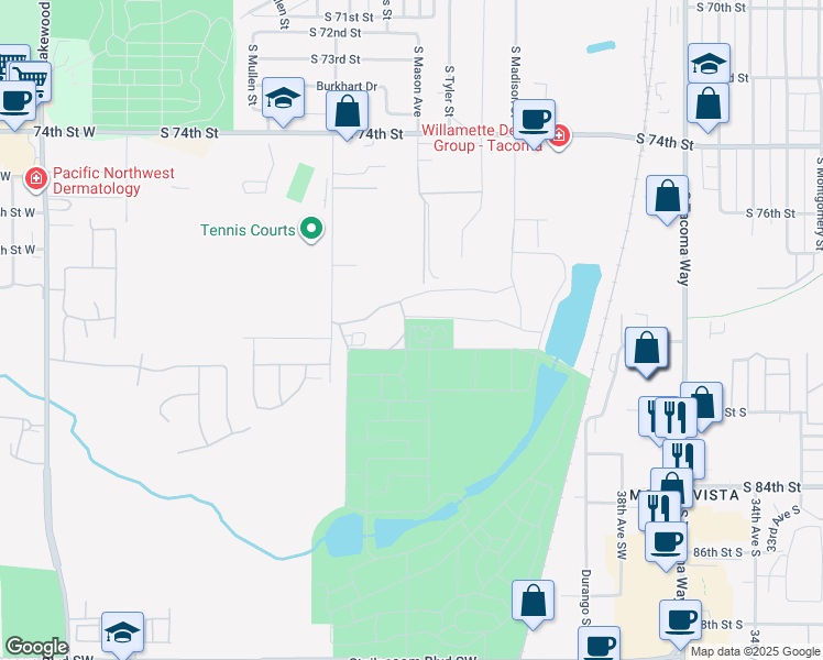 map of restaurants, bars, coffee shops, grocery stores, and more near 7851 South Verde Street in Tacoma