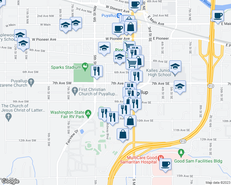 map of restaurants, bars, coffee shops, grocery stores, and more near 801 3rd Street Southwest in Puyallup