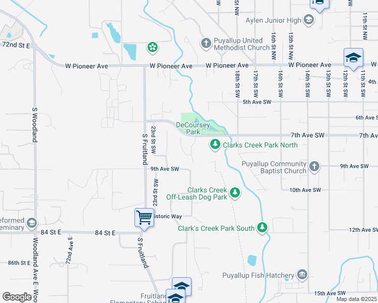 map of restaurants, bars, coffee shops, grocery stores, and more near 2154 7th Avenue Southwest in Puyallup
