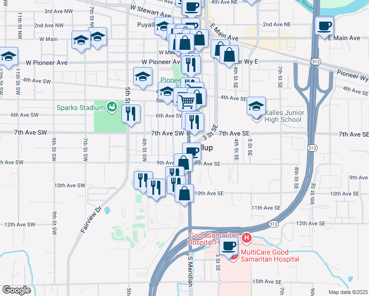 map of restaurants, bars, coffee shops, grocery stores, and more near in Puyallup