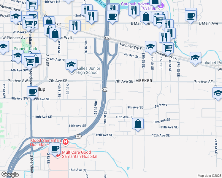 map of restaurants, bars, coffee shops, grocery stores, and more near 722 10th Street Southeast in Puyallup