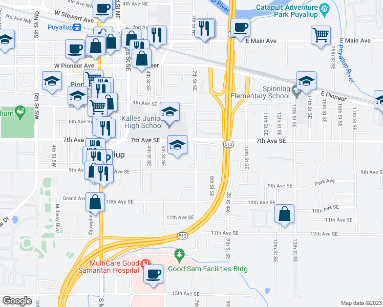 map of restaurants, bars, coffee shops, grocery stores, and more near 722 7th Street Southeast in Puyallup