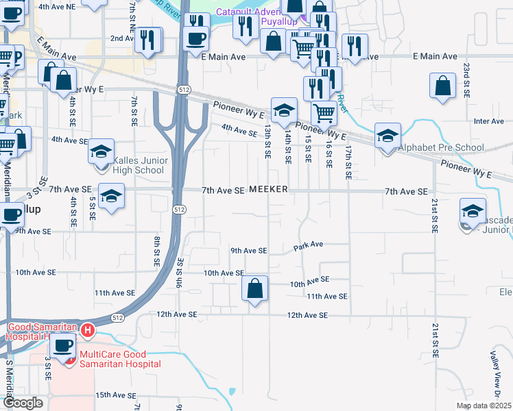 map of restaurants, bars, coffee shops, grocery stores, and more near 1216 7th Street Southeast in Puyallup