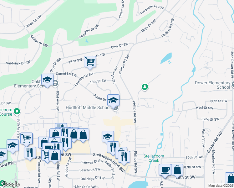 map of restaurants, bars, coffee shops, grocery stores, and more near 7824 76th Avenue Southwest in Lakewood