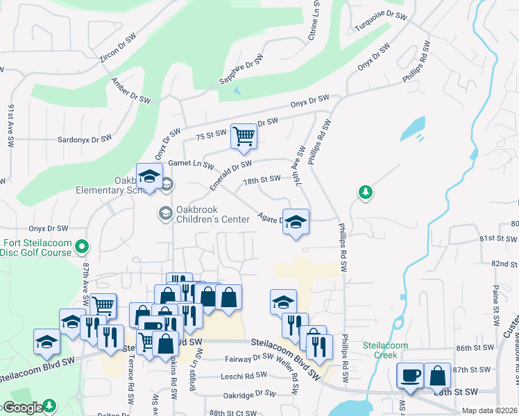 map of restaurants, bars, coffee shops, grocery stores, and more near 7827 Agate Drive Southwest in Lakewood