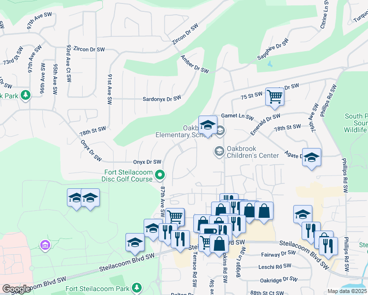 map of restaurants, bars, coffee shops, grocery stores, and more near 8606 Onyx Drive Southwest in Lakewood