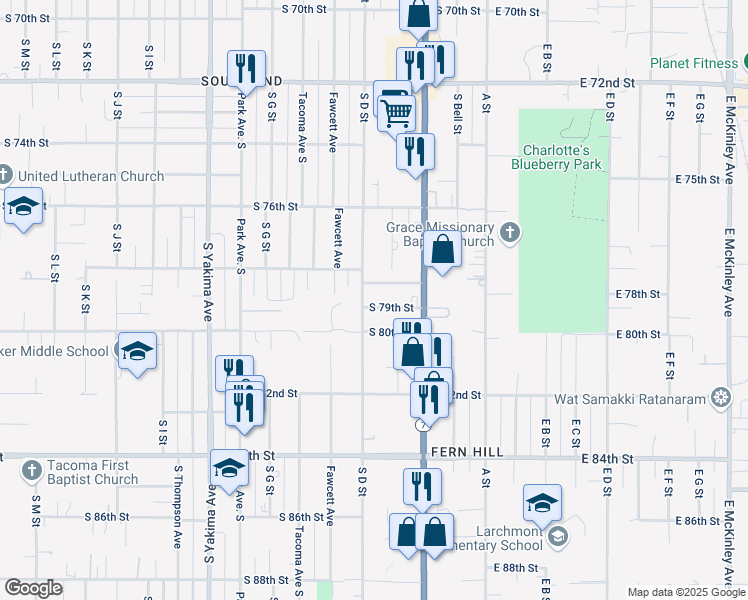 map of restaurants, bars, coffee shops, grocery stores, and more near 235 South 79th Street in Tacoma