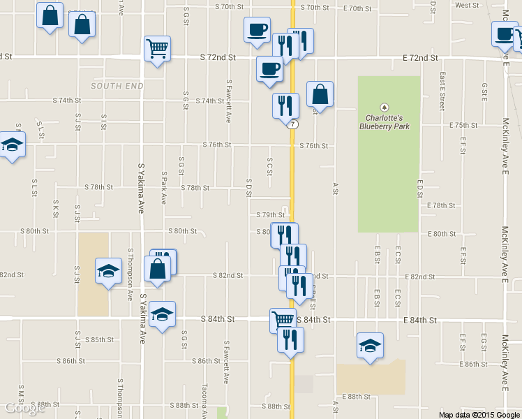 map of restaurants, bars, coffee shops, grocery stores, and more near 235 South 79th Street in Tacoma