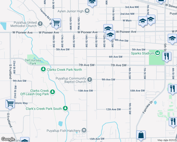 map of restaurants, bars, coffee shops, grocery stores, and more near 719 14th Street Southwest in Puyallup