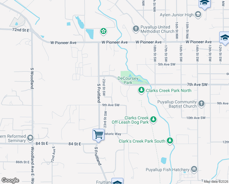 map of restaurants, bars, coffee shops, grocery stores, and more near 745 22nd Street Southwest in Puyallup