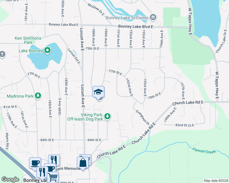 map of restaurants, bars, coffee shops, grocery stores, and more near 7715 191st Avenue East in Bonney Lake