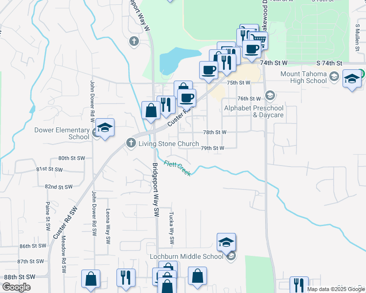 map of restaurants, bars, coffee shops, grocery stores, and more near 5907 79th Street West in Lakewood