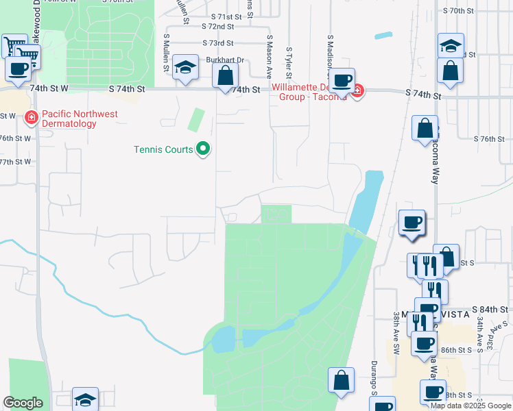 map of restaurants, bars, coffee shops, grocery stores, and more near 7851 South Verde Street in Tacoma
