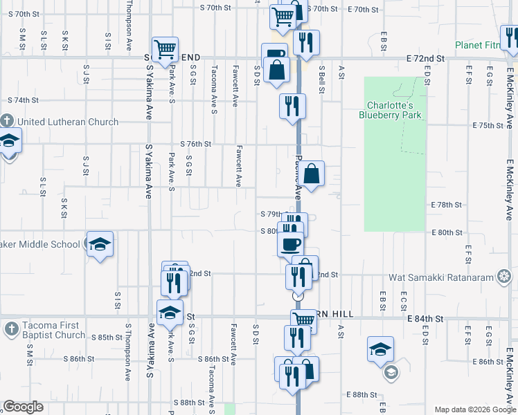map of restaurants, bars, coffee shops, grocery stores, and more near 235 South 79th Street in Tacoma