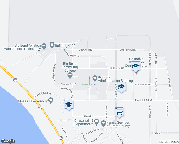 map of restaurants, bars, coffee shops, grocery stores, and more near 7662 Chanute Street Northeast in Moses Lake