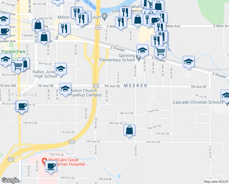 map of restaurants, bars, coffee shops, grocery stores, and more near 1022 7th Street Southeast in Puyallup