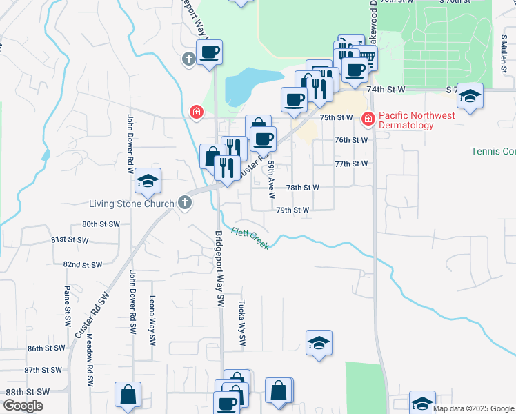 map of restaurants, bars, coffee shops, grocery stores, and more near 5907 79th Street West in Lakewood