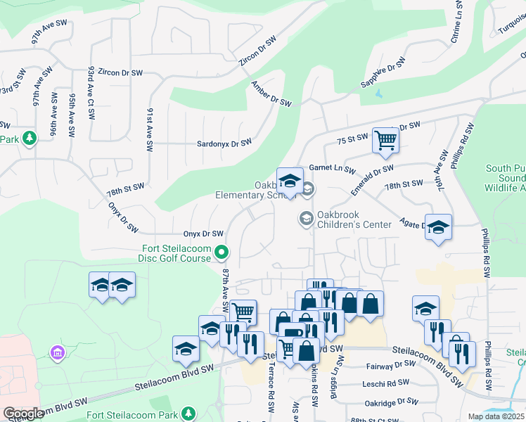 map of restaurants, bars, coffee shops, grocery stores, and more near 8606 Onyx Drive Southwest in Lakewood