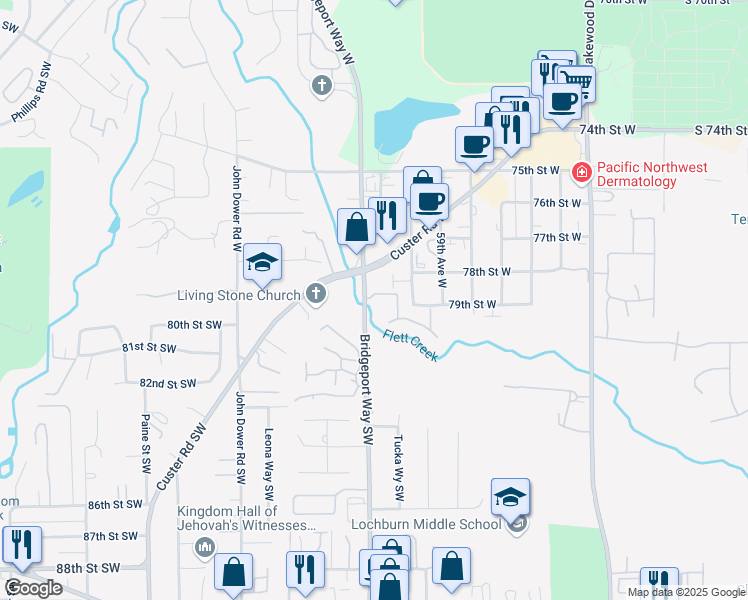map of restaurants, bars, coffee shops, grocery stores, and more near 6022 78th Street Court West in Lakewood