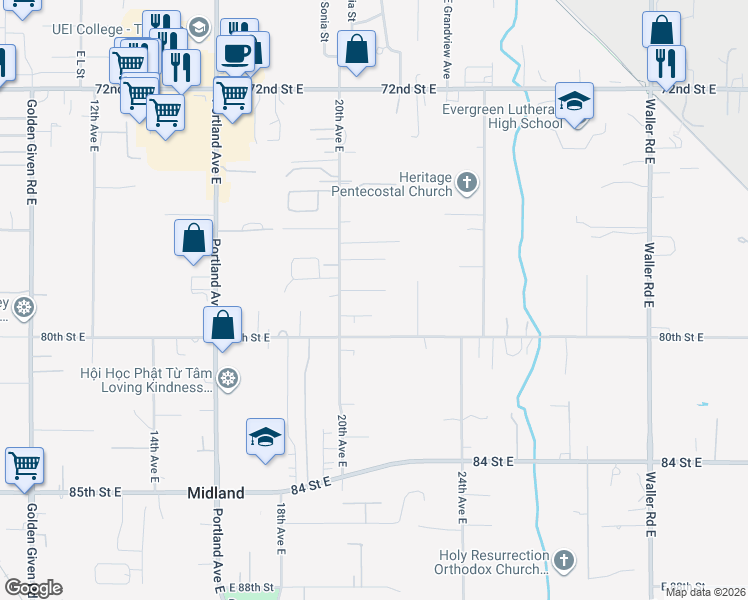 map of restaurants, bars, coffee shops, grocery stores, and more near 2014 78th Street Court East in Tacoma