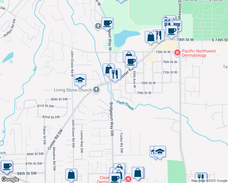 map of restaurants, bars, coffee shops, grocery stores, and more near 6022 78th Street Court West in Lakewood