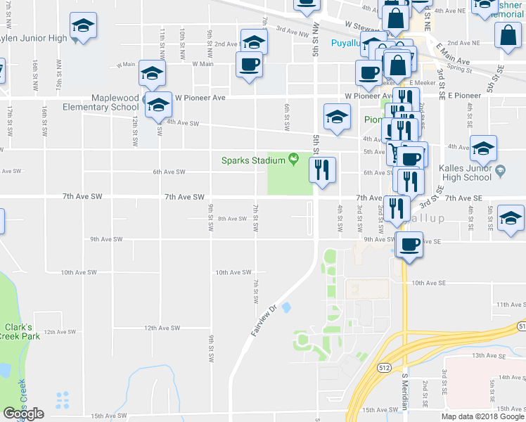 map of restaurants, bars, coffee shops, grocery stores, and more near 717 7th Street Southwest in Puyallup