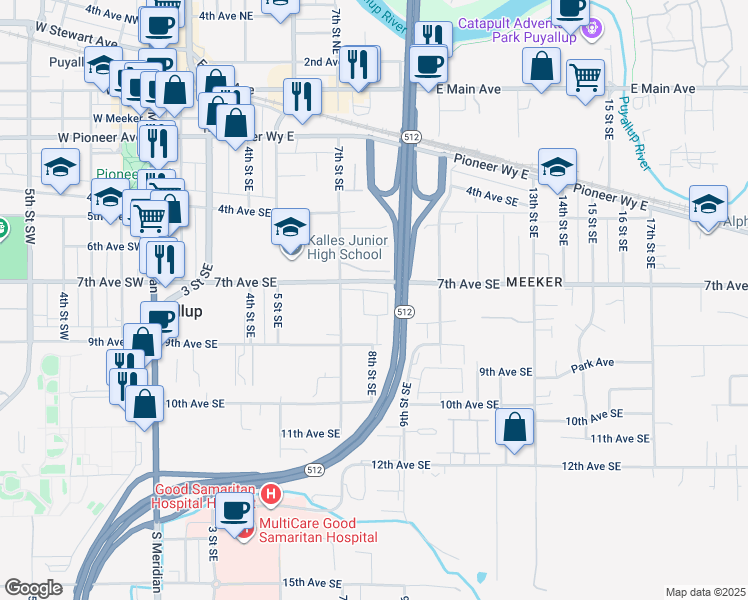 map of restaurants, bars, coffee shops, grocery stores, and more near 737 7th Street Southeast in Puyallup