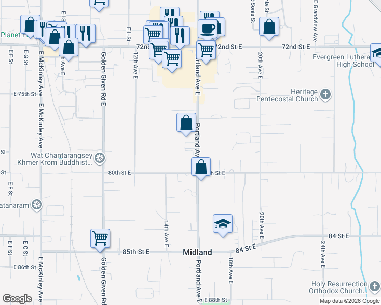 map of restaurants, bars, coffee shops, grocery stores, and more near 7814 Portland Avenue East in Tacoma