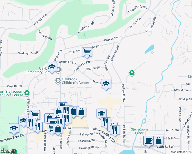 map of restaurants, bars, coffee shops, grocery stores, and more near 7827 Agate Drive Southwest in Lakewood