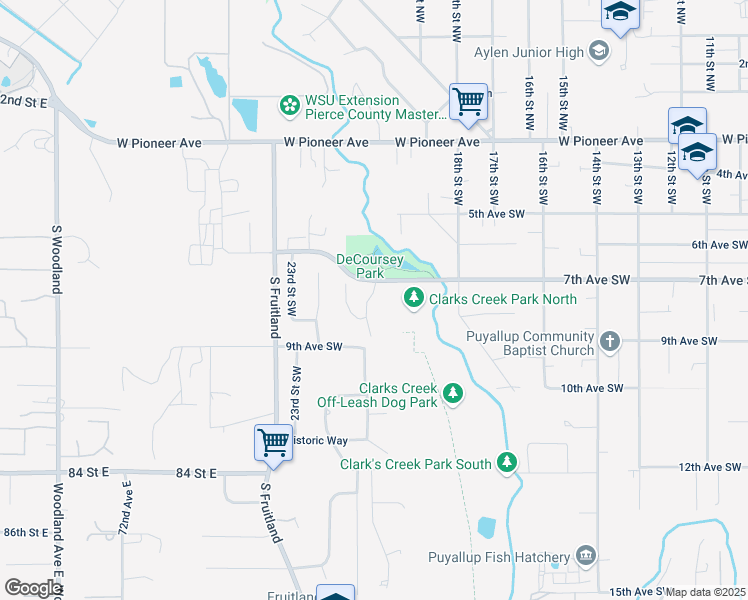 map of restaurants, bars, coffee shops, grocery stores, and more near 2154 7th Avenue Southwest in Puyallup