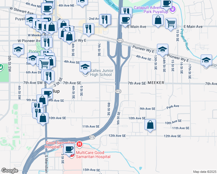 map of restaurants, bars, coffee shops, grocery stores, and more near 737 7th Street Southeast in Puyallup