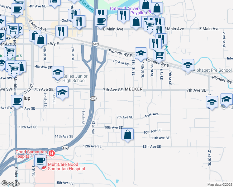 map of restaurants, bars, coffee shops, grocery stores, and more near 1022 7th Street Southeast in Puyallup