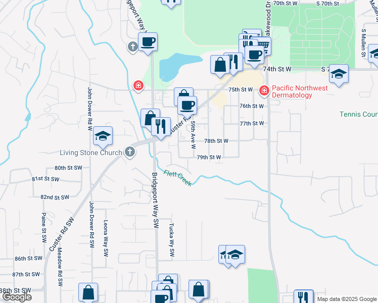 map of restaurants, bars, coffee shops, grocery stores, and more near 5907 79th Street West in Lakewood