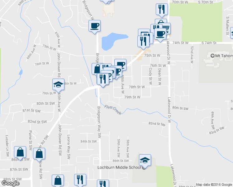 map of restaurants, bars, coffee shops, grocery stores, and more near 5907 79th Street West in Lakewood
