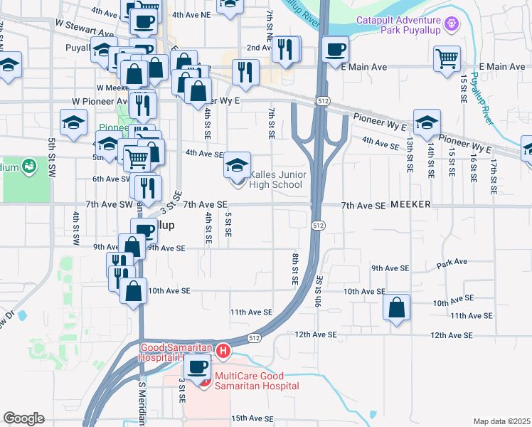 map of restaurants, bars, coffee shops, grocery stores, and more near 722 7th Street Southeast in Puyallup